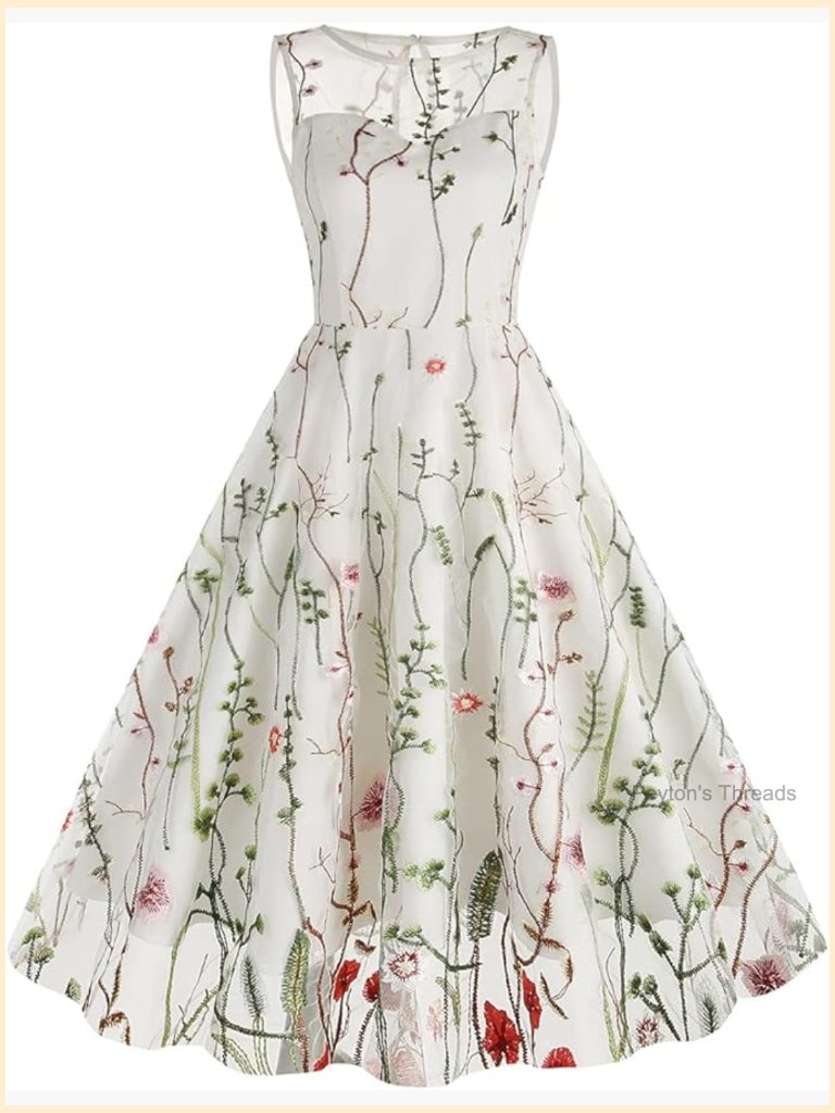 Keyhole Floral Embroidery Dress Sheer Mesh Illusion Vintage Cocktail Swing